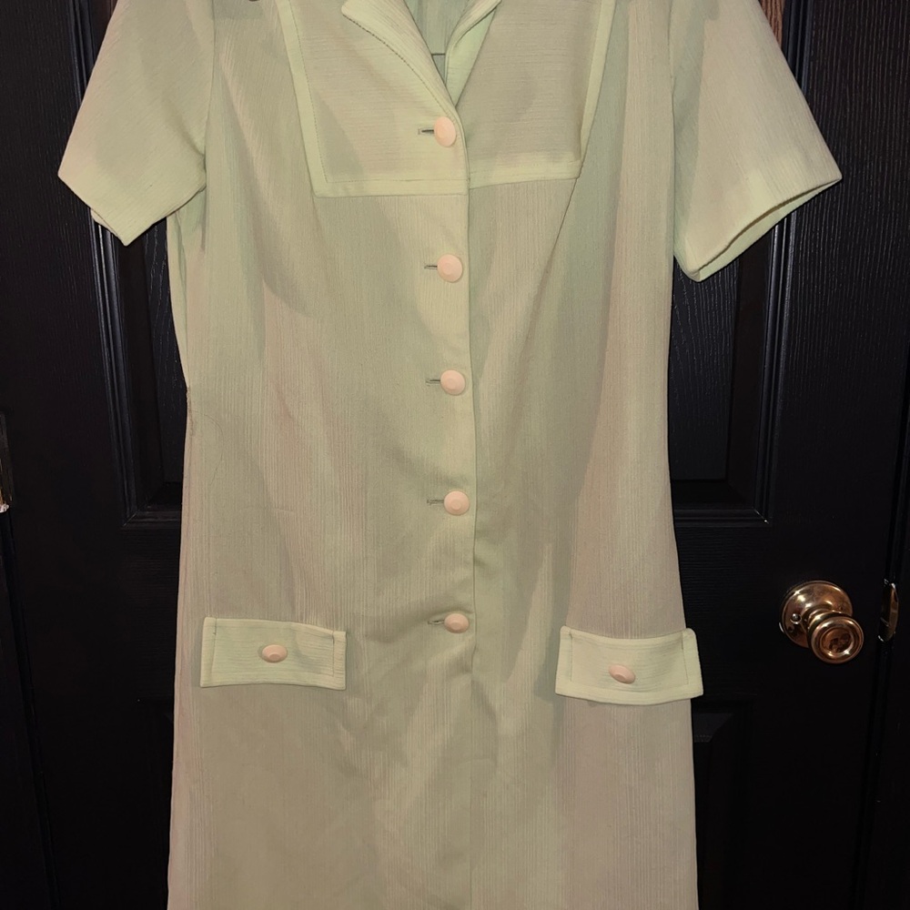 Vintage Light Green Button-Up Dress with Pockets